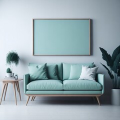Blank wooden frame mockup on the wall and a centered sofa in a trendy modern Scandinavian interior with mint color tones.
