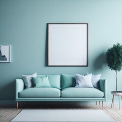 Blank wooden frame mockup on the wall and a centered sofa in a trendy modern Scandinavian interior with mint color tones.