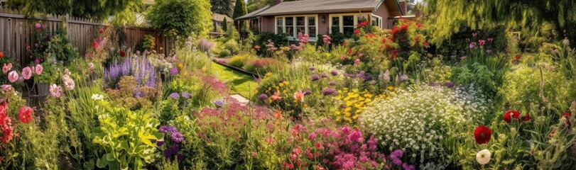 A bustling garden with a colorful display of bloomin. Horizontal banner. AI generated