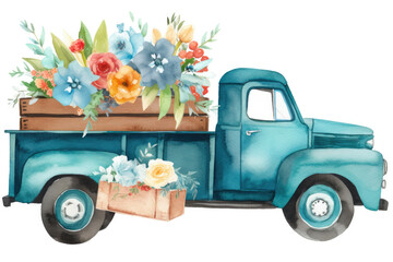 Western Harvest Truck Watercolor Vector, cute cartoon vintage style. Generative AI