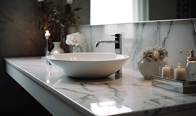 White bathroom interior, marble countertop on a blurred background of the bathroom interior, generative AI