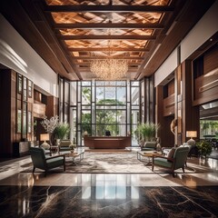 Luxury hotel lobby, relaxation room, luxury appartment with beautiful window view, generative ai