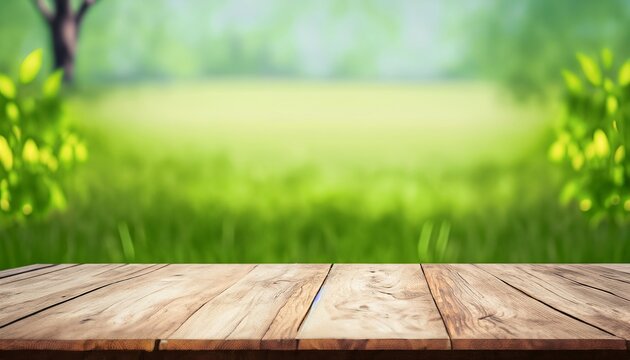 Beautiful spring green landscape background with empty wooden table for product display, blurred nature background, copy space, Generatice AI