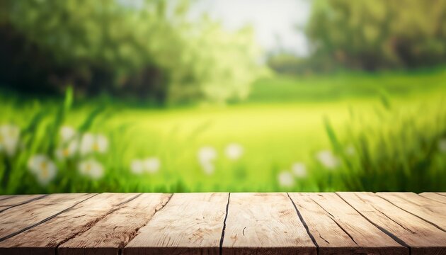 Beautiful spring green landscape background with empty wooden table for product display, blurred nature background, copy space, Generatice AI