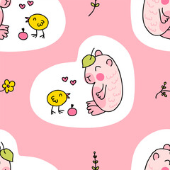 Doodle kawaii capybara and chick seamless pattern. Perfect print for tee, paper, textile and fabric. Cute vector illustration for decor and design.