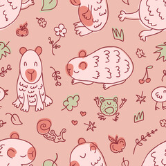 Doodle chibi capybaras seamless pattern in free hand drawn style. Perfect print for tee, paper, textile and fabric. Kawaii vector illustration for decor and design.