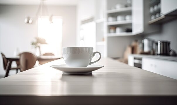 White cup of coffee on white kitchen table over blured kitchen interior background, generative AI