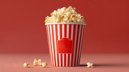 Popcorn container mockup. Curved container with red and white stripes. Red background. Meal. Food. Snack. Cinema, movies and entertainment. Template for film and television advertising. 