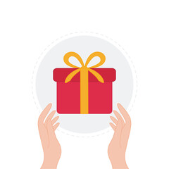 Human hand holding red gift box with yellow bow. Birthday symbol. Vector illustration