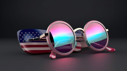 blue sunglasses on a blue background with red and white american flag design. Generative AI