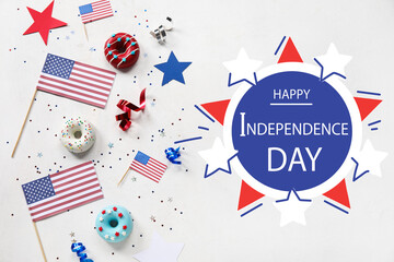 Obraz premium Greeting card for USA Independence Day with donuts and American flags on white background