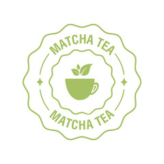 Matcha tea label or stamp with of a cup and tea leaves. Vector illustration