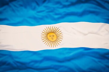 Argentina flag on a fabric wavy background. Wavy flag of Argentina fills the frame. - 600565662