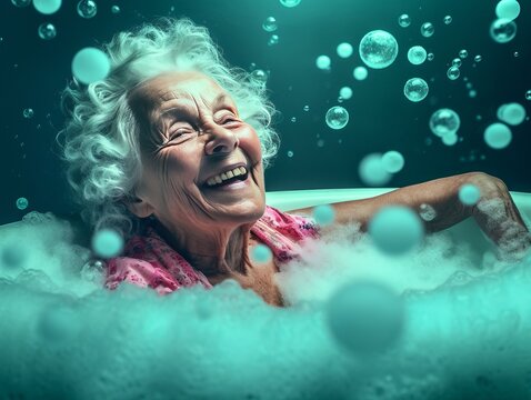 elder woman with bubbles in bathtub
