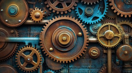 Vintage rusty Machinery gears steampunk background. Generative AI - obrazy, fototapety, plakaty