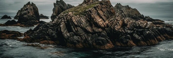 Fototapeta premium A dramatic rocky outcropping on a coast. Horizontal banner. AI generated