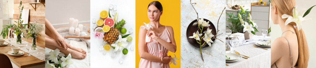 Collage of beautiful lily flowers with young women, beautiful table settings and tropical fruits