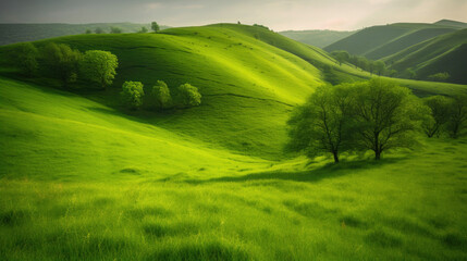 Scenic view of a field covered with green grass on small hills. Generative AI