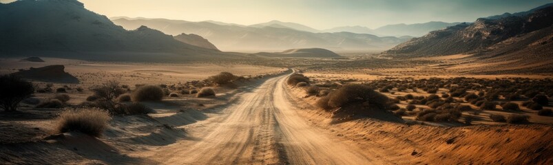 A dusty road leading to vast horizons. Horizontal banner. AI generated
