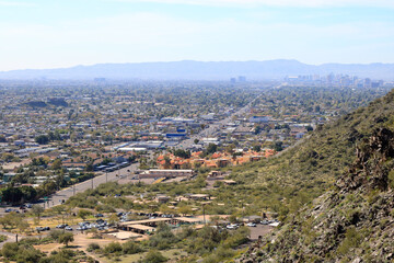 Aerial view of Arizona Capital City of Phoenix downtown in morning fog from North Mountain toward...