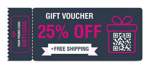 Discount coupon 25 percent off. Gift voucher with percentage marks, qr code and promo codes for website, internet ads, social media. Vector illustration