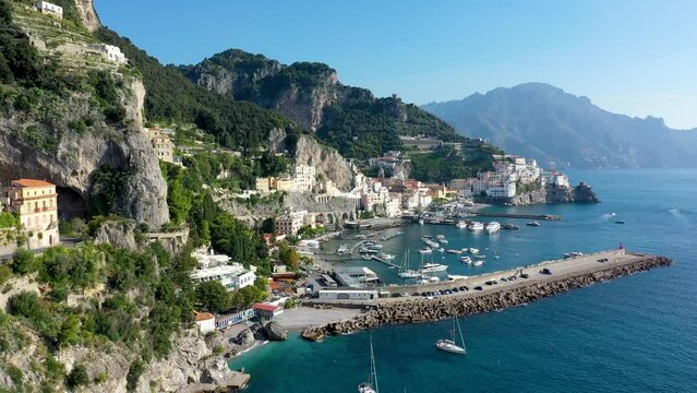 View of beautiful Amalfi town, Campania, Italy. Amalfi coast is most popular travel and holiday destination in Europe. Amalfi cityscape on coast line of mediterranean sea, Amalfi coast, Italy.