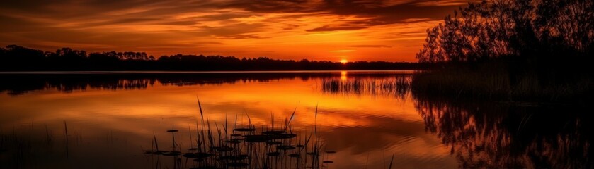 Fototapeta na wymiar A glowing sunset over a serene lake marking the end. Horizontal banner. AI generated