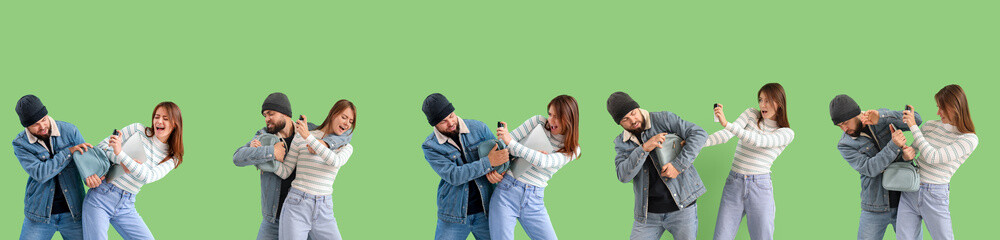 Collage of young woman with pepper spray on green background - Powered by Adobe