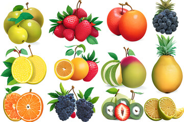 A set of exotic fruits and berries (apple, grape, pear, lemon, orange, strawberry) with green
leaves isolated on a white background.
Generative AI.