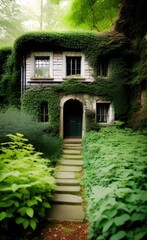 Overgrown house entrance lost place nature generative ai