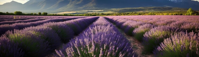 Fototapeta na wymiar A lovely lavender fields with mountains in the backg. Horizontal banner. AI generated