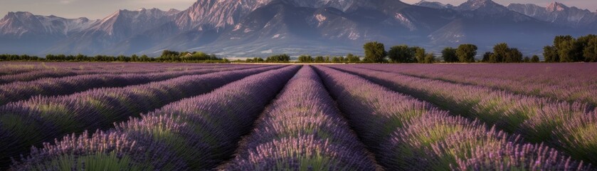 Obraz premium A lovely lavender fields with mountains in the backg. Horizontal banner. AI generated