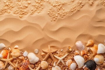Fototapeta na wymiar Top View Beach White Sand Shells Starfish. Generative AI