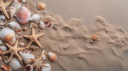 Fototapeta na wymiar Starfish on the beach with white sand, top view. Generative AI