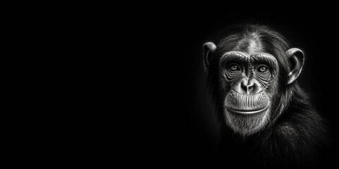 Black and white photorealistic studio portrait of a Chimpanzee on black background. Generative AI illustration