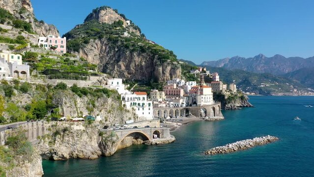 Aerial view of Atrani famous coastal village located on Amalfi Coast, Italy. Small town Atrani on Amalfi Coast in province of Salerno, Campania region, Italy. Atrani town on Amalfi coast, Italy.
