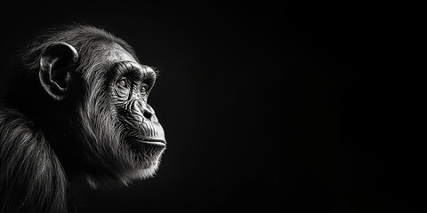 Black and white photorealistic studio portrait of a Chimpanzee on black background. Generative AI illustration