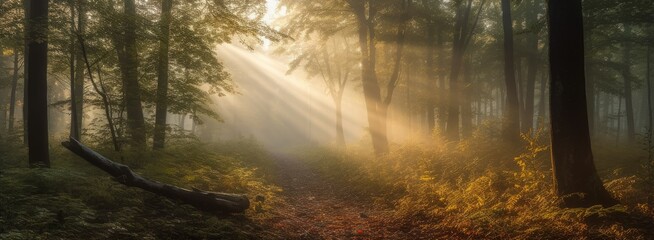 A peaceful forest in the early morning. Horizontal banner. AI generated