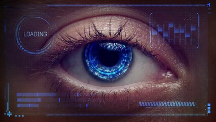 Artificial intelligence scans information. High technologies in the future. The future of digital vision technologies, security and biometrics. Implant in the human eye. Concept of hi tech - Powered by Adobe