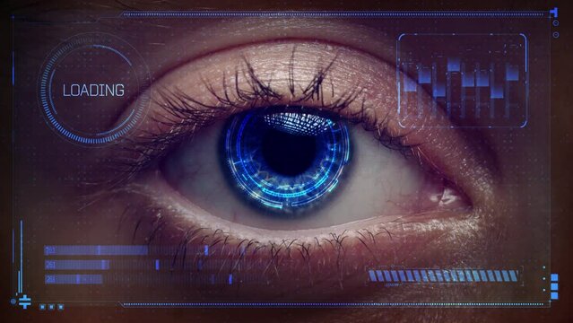 Artificial intelligence scans information. High technologies in the future. The future of digital vision technologies, security and biometrics. Implant in the human eye. Concept of hi tech