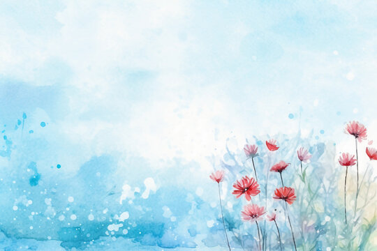 light blue background paper texture tiny petal flower painting in watercolor style. AI generative