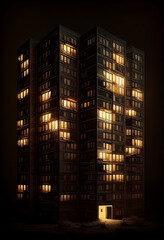 Multi-storey building from the windows of which the light is on. AI Generated