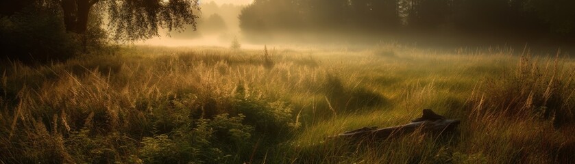 A peaceful meadow with a gentle breeze rustling the. Horizontal banner. AI generated