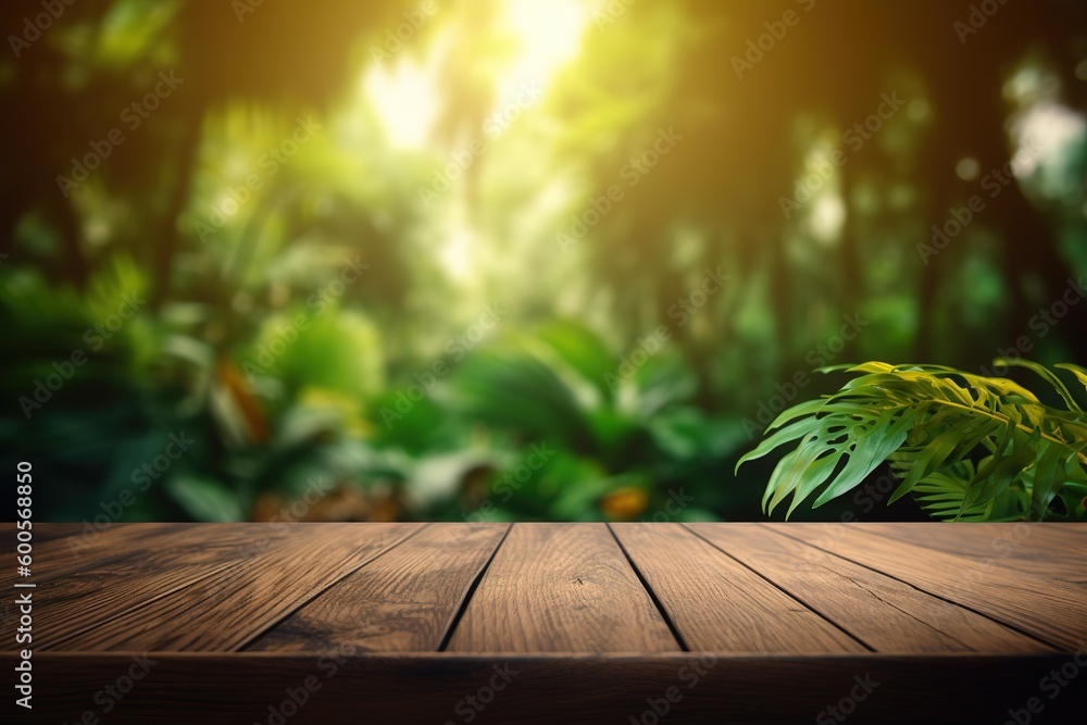 Poster a tabletop made of wood, with a hazy backdrop generative ai