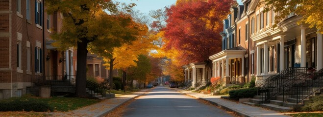 Fototapeta premium A peaceful residential street with tree-lined sidewa. Horizontal banner. AI generated