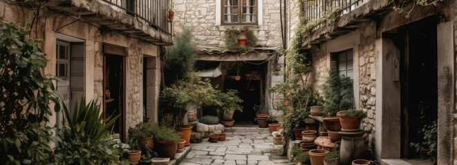 Fototapeta na wymiar A picturesque courtyard surrounded by traditional. Horizontal banner. AI generated