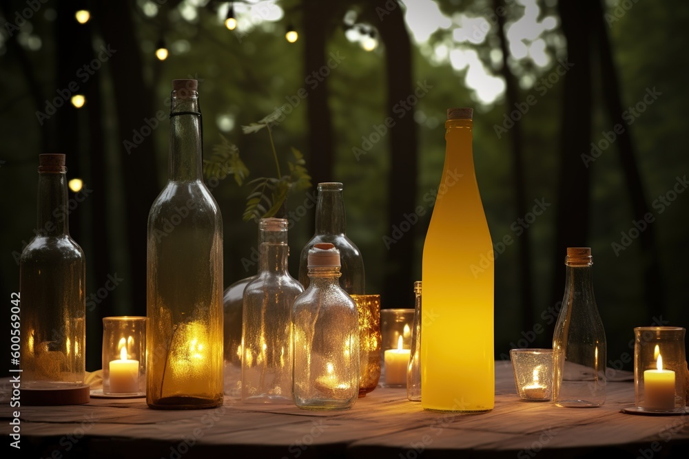 Poster a table that was adorned with several bottles that were lit from inside. generative ai