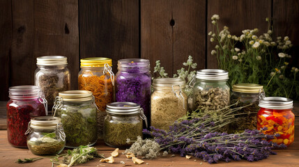Glass jars of dry lavender, calendula etc flowers. Jars of dry medicinal herbs for making herbal tea, bunch of dry lavender on table. Alternative medicine. Generative AI - obrazy, fototapety, plakaty