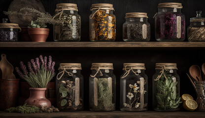 Glass jars of dry lavender, calendula etc flowers. Jars of dry medicinal herbs for making herbal tea, bunch of dry lavender on table. Alternative medicine. Generative AI
