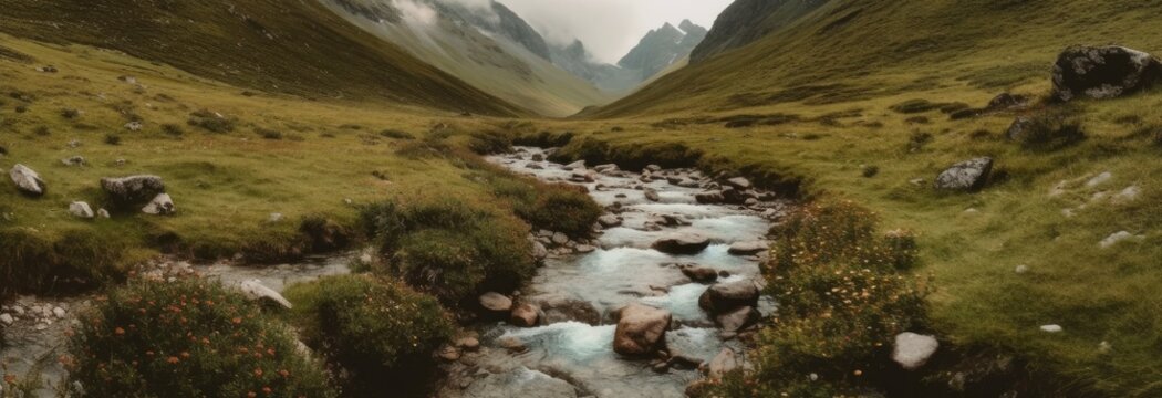 A picturesque valley with a babbling brook. Horizontal banner. AI generated